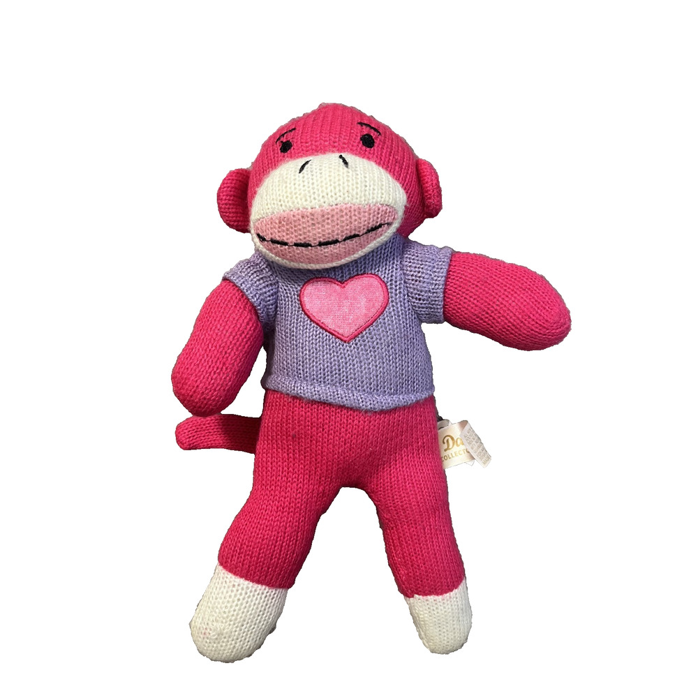 Sock Monkey Pink Knit Monkey Stuffed Animal 11 Inch Length Purple Shirt
